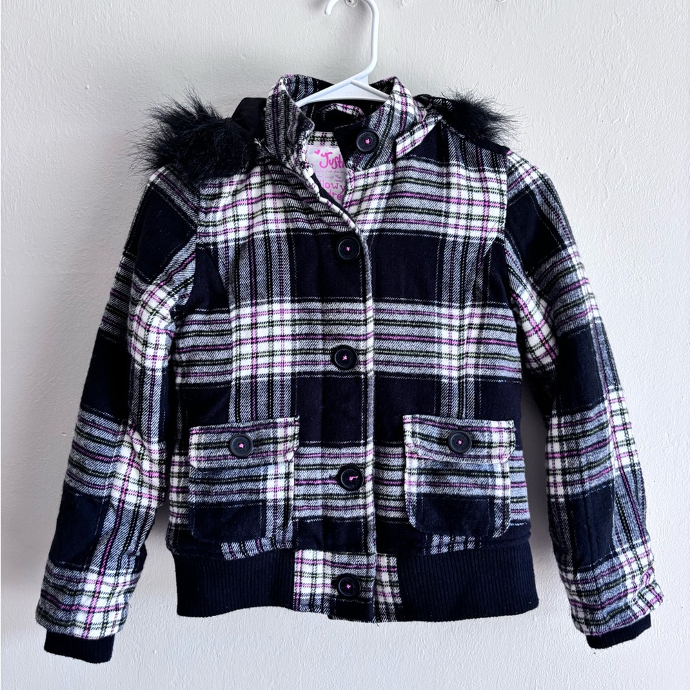Justice Girls Size 8 Jacket Coat Plaid Black Pink Green Fur Hood Button Down
